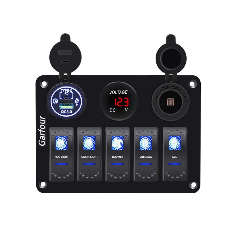 Garfour 5 Gang Boat Switch Panel Marine, Waterproof Rocker Switch Panel with 12V Voltmeter, Type-C & QC 3.0 USB Charger for 12V/24V Car Truck Boat RV - Image 1